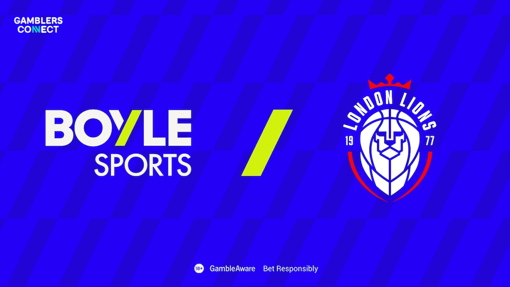 A visual featuring the BoyleSports logo and the London Lions emblem, representing their partnership which will enhance BoyleSports' brand visibility at Super League Basketball and BTK EuroCup games.
