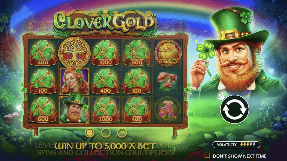 The official splash screen for the Clover Gold slot from Pragmatic Play, featuring a cheerful leprechaun, the game's logo, and a pot of gold against an Irish landscape.