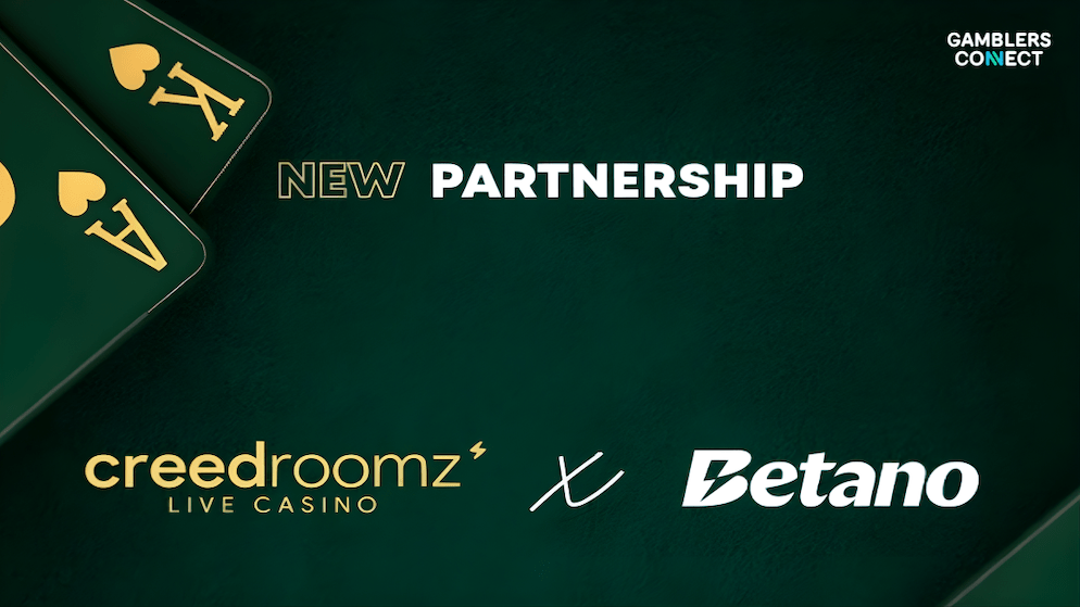A "NEW PARTNERSHIP" with the logos for CreedRoomz Live Casino and Betano, set against a dark green background with playing cards, signifying their new collaboration to integrate live casino games.