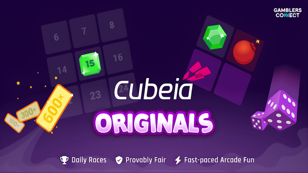 The Cubeia Originals logo with abstract game elements like numbered blocks, gems, a red bomb, and purple dice, promoting its latest game Turbo Crash and "Provably Fair."