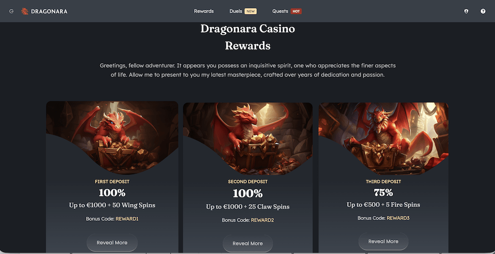 A screenshot of the Dragon Rewards page showing recurring promotions like 'Flames of Phoenix', 'Golden Fortune Spins', and 'Spins of Destiny'.