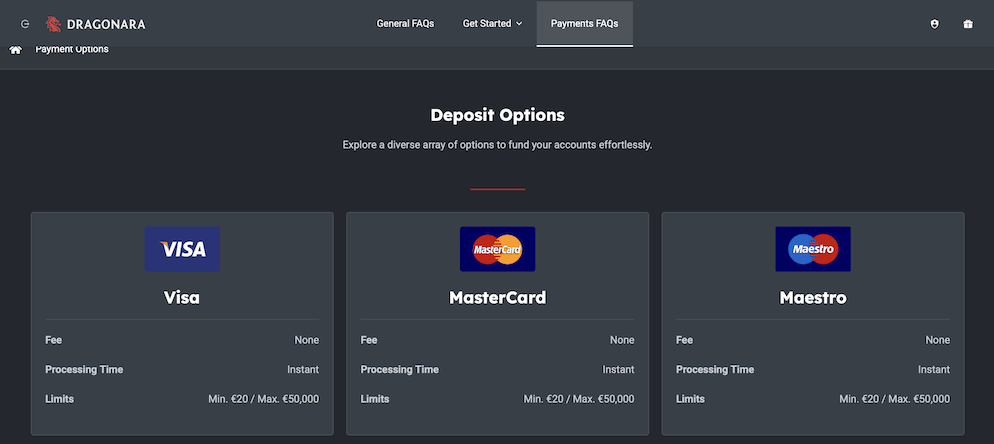 A screenshot of the Dragonara Casino Payments FAQ showing instant deposit options for Visa, MasterCard, and Maestro, with minimum and maximum limits listed.