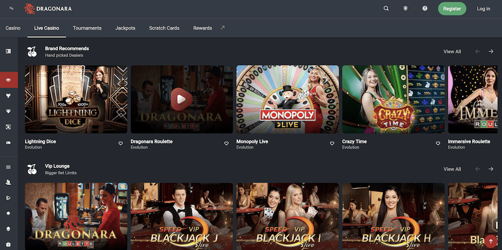 Screenshot of the Dragonara Live Casino lobby showing popular games like Monopoly Live, Crazy Time, and Immersive Roulette from Evolution Gaming.