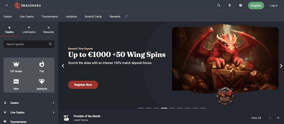 The Dragonara Casino homepage featuring the massive welcome bonus offer and the site's primary dragon-inspired theme and navigation.