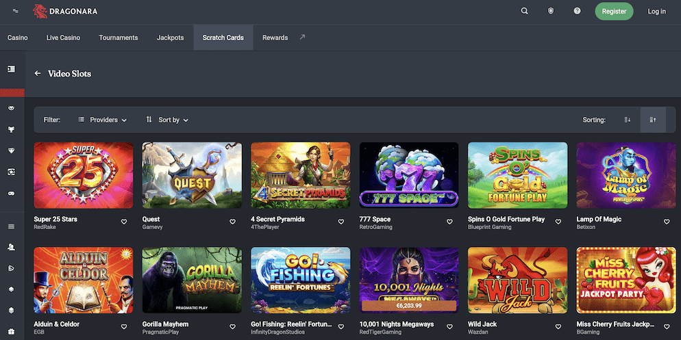 A view of the Dragonara Casino video slots lobby, featuring popular titles like Super 25, Gorilla Mayhem, and 10,001 Nights from various game providers.