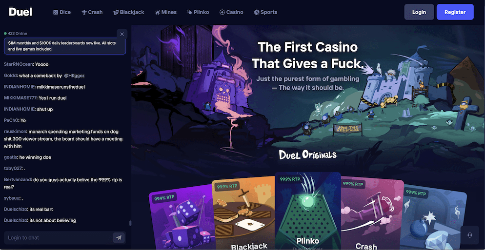 The homepage of Duel Casino, featuring its provocative tagline "The First Casino That Gives a Fuck," a live player chat, and Duel Originals games with prominent "99.9% RTP" badges, highlighting its transparent and player-first branding.