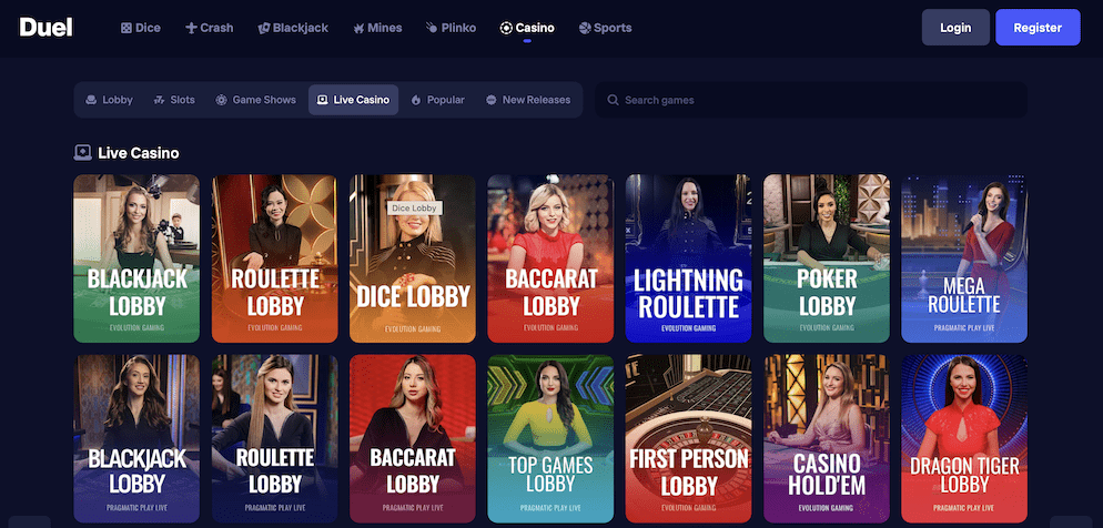 The live casino lobby at Duel Casino, displaying a wide selection of live dealer games including Blackjack, Roulette, and Baccarat lobbies from top providers like Evolution Gaming and Pragmatic Play Live.