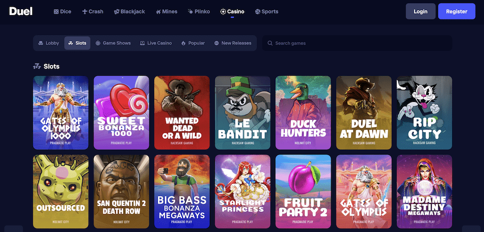 A view of the extensive online slots library at Duel Casino, showcasing popular titles like Gates of Olympus 1000 and Wanted Dead or a Wild from top-tier providers such as Pragmatic Play and Hacksaw Gaming.