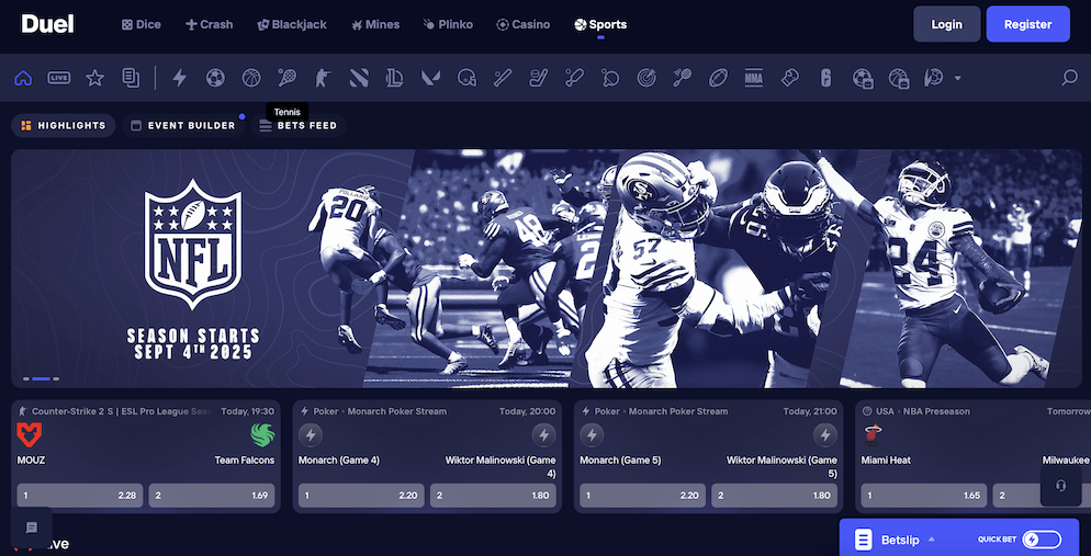 A screenshot of the modern and comprehensive sportsbook at Duel Casino, showing betting markets for the NFL, esports like Counter-Strike 2, and the NBA, highlighting its clean user interface and event builder tools.