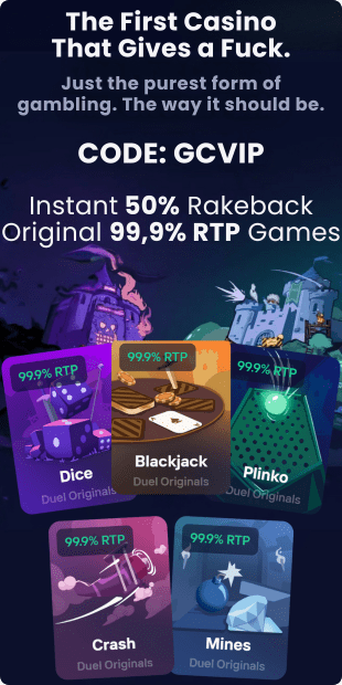 Duel Casino promotional banner advertising an instant 50% rakeback and original games with 99.9% RTP, available with the promo code GCVIP.