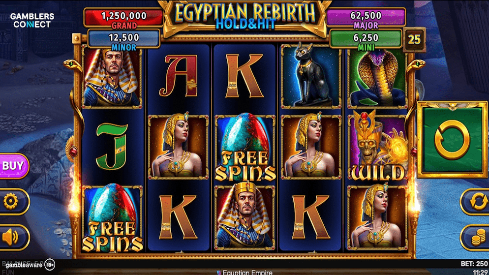 Close-up of the Egyptian Rebirth - Hold & Hit slot interface, highlighting the FREE SPINS symbol and the Buy Bonus feature for strategic gameplay.