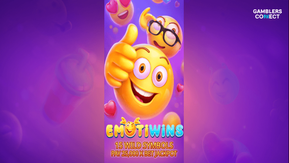 The Emotiwins promo screen featuring a large thumbs-up emoji, heart-eye emoji, and sunglasses emoji, with the game title and text "15 Wild Symbols Pay 25,000x Bet Jackpot."