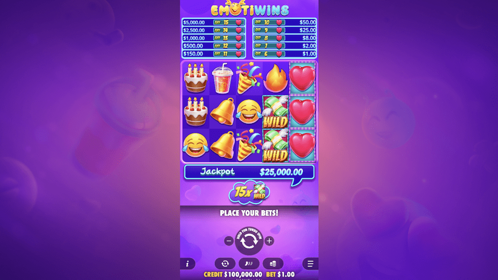 A screenshot of the Emotiwins slot game in "Place Your Bets!" mode, showing the 5x3 reels filled with various emoji symbols, the Heart Bonus paytable, and the $25,000 jackpot indicator.