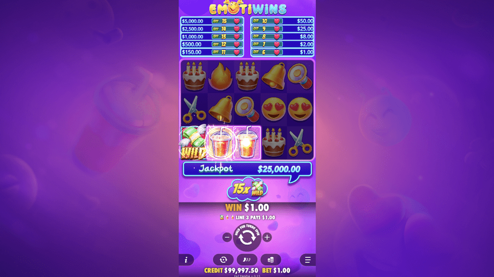 A screenshot of the Emotiwins slot game with a winning combination on a payline, showing a "$0.50 WIN" notification and various emoji symbols on the reels, including a heart-eyes emoji and scissors.