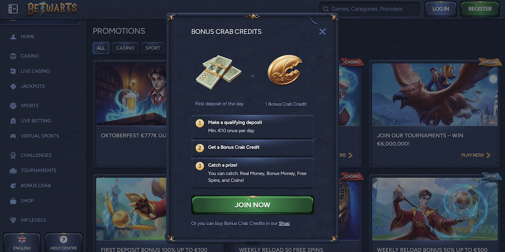 A pop-up explaining Betwarts Casino's Bonus Crab Credits feature, detailing how to make a qualifying deposit to get a Bonus Crab Credit and catch prizes like real money, bonus money, or free spins.