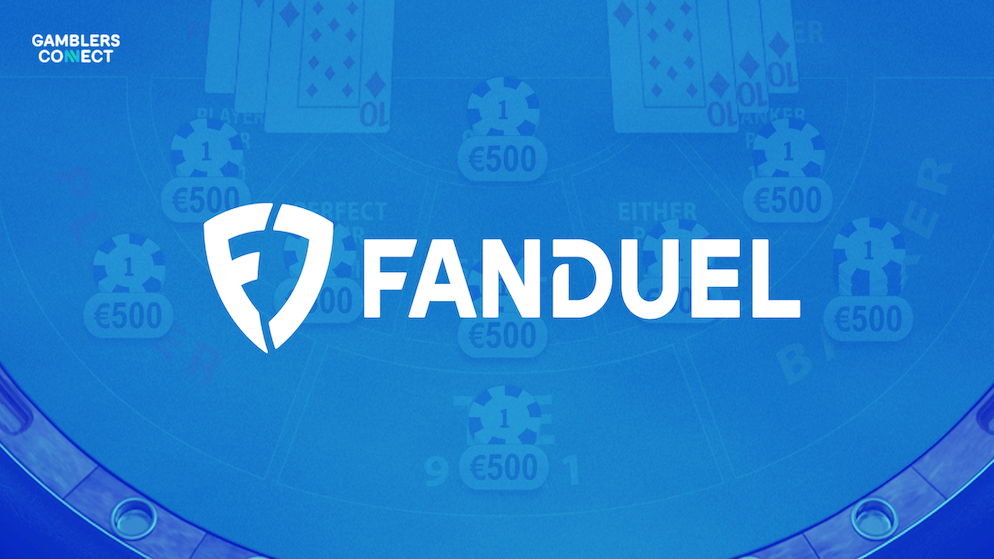 The white FanDuel shield logo on a blue casino-themed background, symbolizing the new loyalty rewards program for iGaming customers.