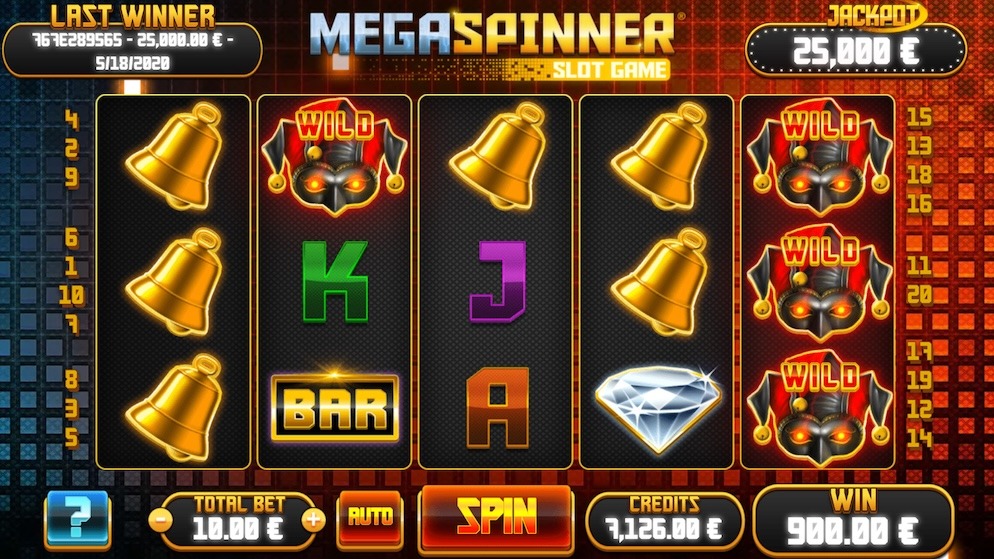  A screenshot of the Mega Spinner slot by Fugaso, showing its 5x3 reel layout with jester wilds, bell symbols, and a large jackpot display.