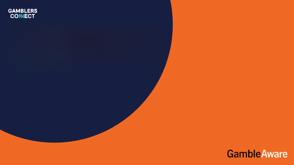 Abstract design with orange and dark blue shapes, featuring the GambleAware logo, symbolizing the charity's call for updated digital gambling marketing regulations.