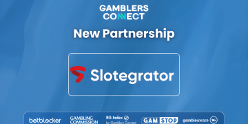Graphic announcing the new partnership between Gamblers Connect and Slotegrator, featuring both logos and responsible gambling badges.