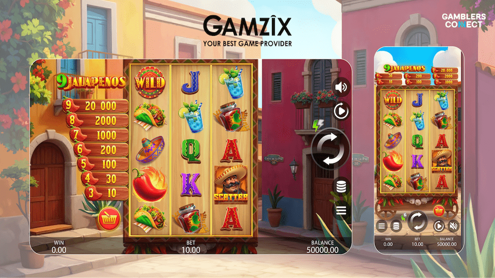 A detailed view of the 9 Jalapenos slot game interface, highlighting the 3x5 reels, Mexican-themed symbols, and the "Jalapeno Prize Ladder" showing potential wins up to 10,000x bet.