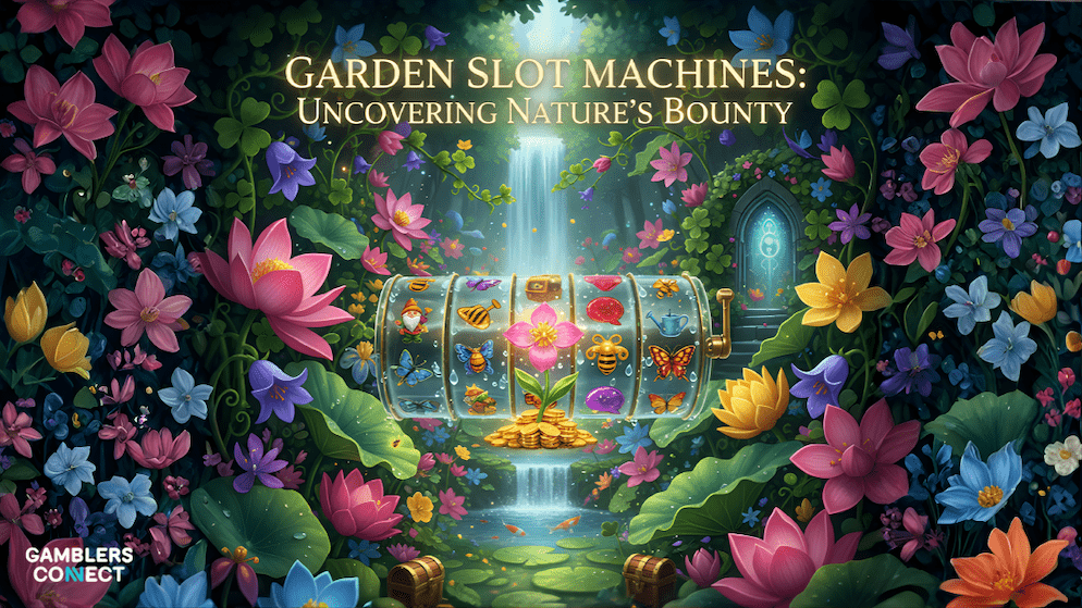 vibrant image of a magical forest and waterfall with a slot machine nestled among lotus flowers and vines, symbolizing the garden slot machine theme