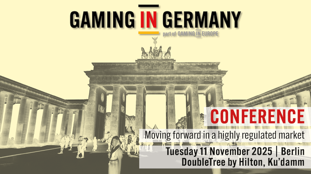 Promotional image for the Gaming in Germany Conference, featuring the Brandenburg Gate and event details for November 11, 2025, in Berlin, highlighting industry regulation.