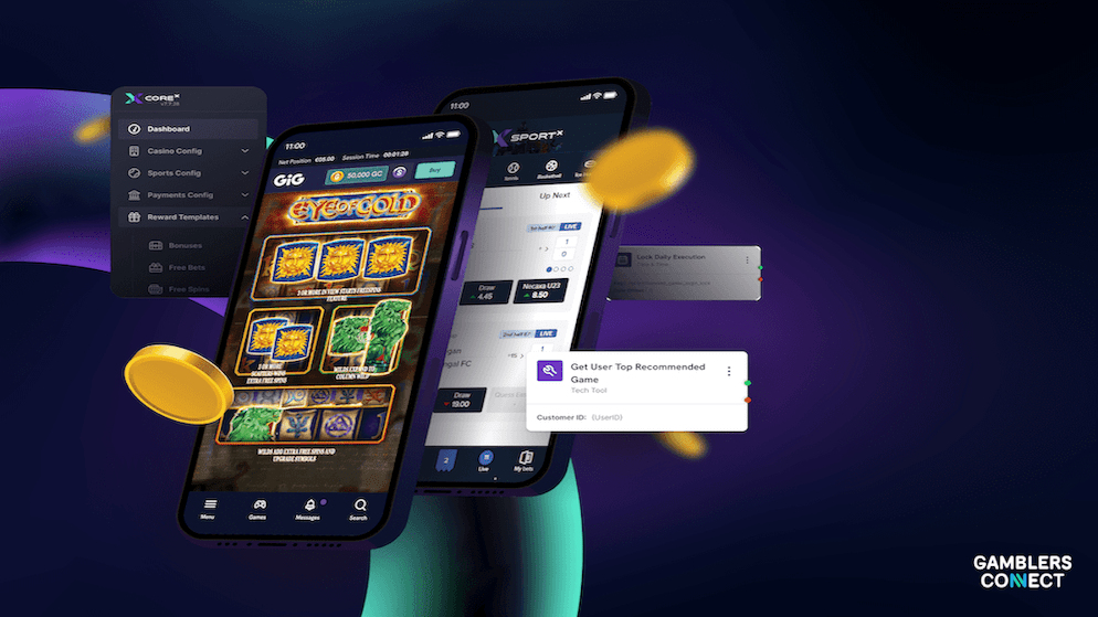 An illustration of GiG's CoreX iGaming platform backend and its user-facing casino and sports applications, demonstrating the company's advanced technology solutions.