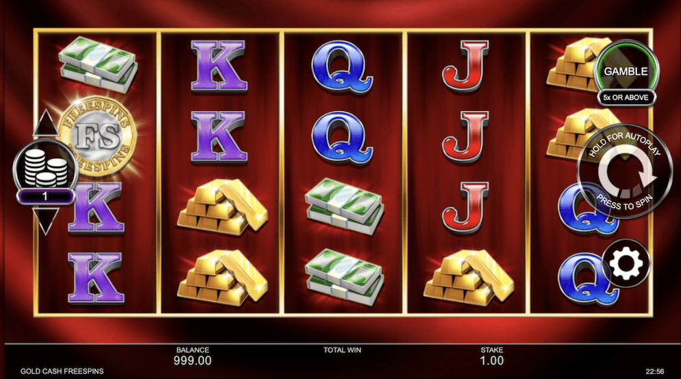 Screenshot of the Gold Cash Free Spins slot game displaying stacked WILD symbols on the middle reel and high-paying money symbols, illustrating potential big wins in base gameplay or during a gold cash free spins demo.