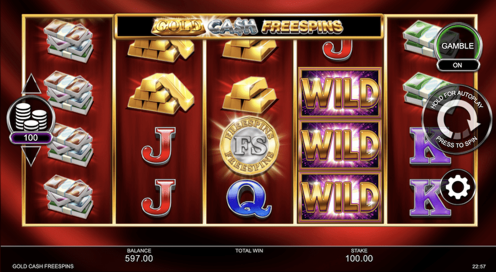 A screenshot from the Gold Cash Free Spins slot showing three "Free Spins" scatter symbols on reels 1, 3, and 5, indicating the activation of the highly anticipated bonus round.