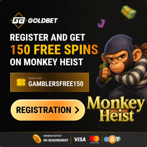 A promotional banner for Goldbet Casino featuring the Monkey Heist slot game, advertising a welcome bonus of 150 free spins with the promo code GAMBLERSFREE150.
