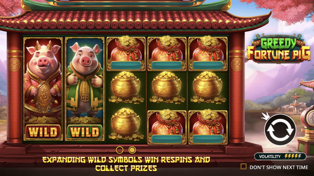 A screenshot of the Greedy Fortune Pig slot game displaying an expanding Wild symbol (the pig character) covering an entire reel, along with other Asian-themed symbols