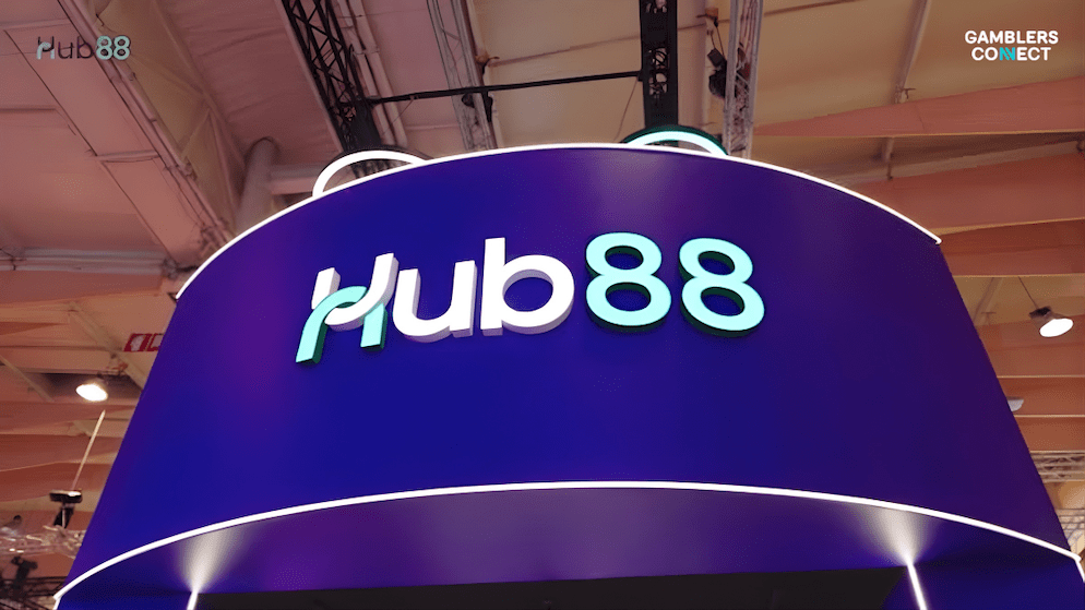 The logo for Hub88, a leading iGaming platform aggregator, displayed on a large purple booth at an industry trade show.