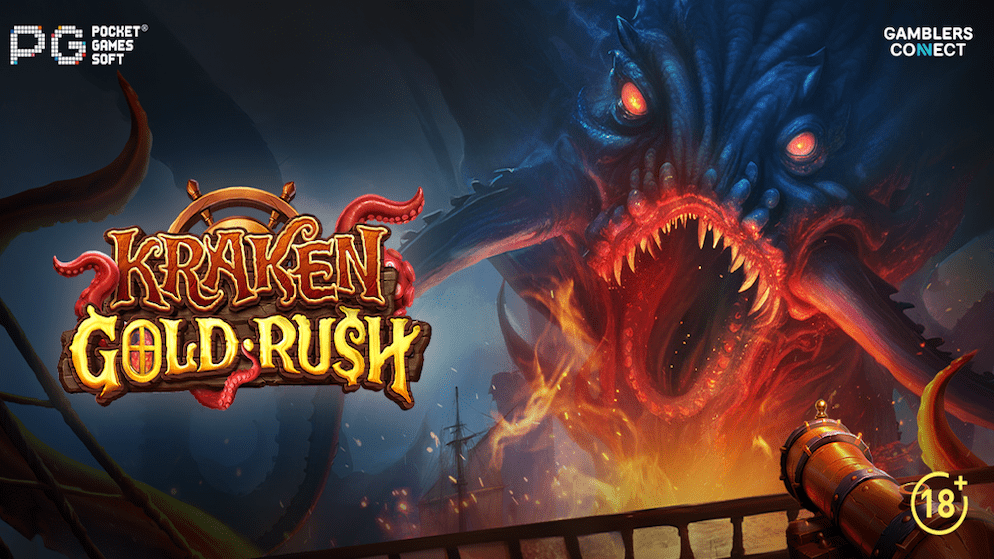 The monstrous Kraken with sharp teeth and menacing tentacles emerges from the ocean in the key art for the new PG Soft mobile game, Kraken Gold Rush.