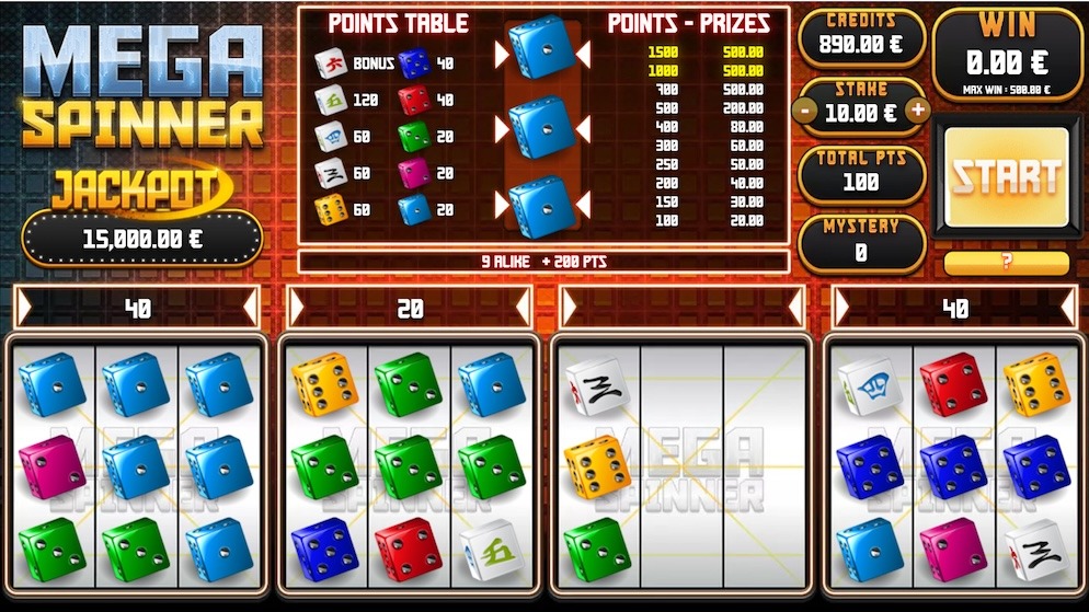 The interface of the Mega Spinner dice slot, displaying four 3x3 grids filled with dice and the prize table for different combinations.