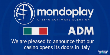 Promotional image showing the Mondoplay logo, the Italian flag, and the ADM acronym, announcing the company's casino launch in Italy.