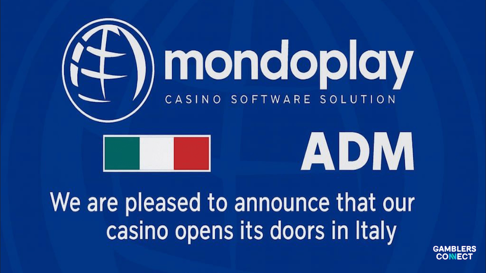 The Mondoplay logo next to the Italian flag and ADM text, signifying the company's successful certification for the Italian gambling market.