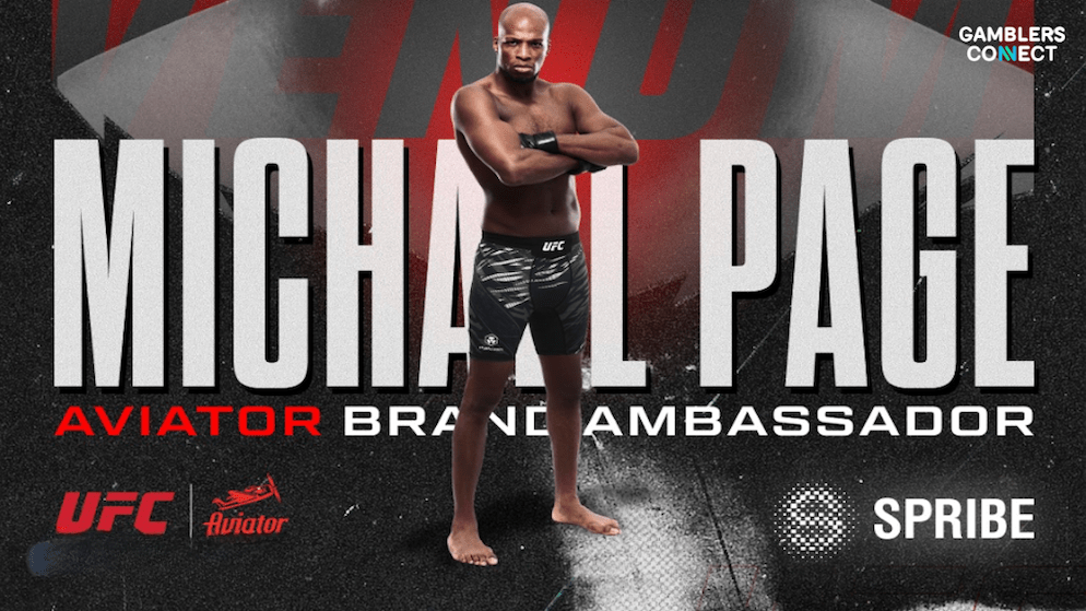 A promotional image showing Michael "Venom" Page, a UFC fighter, with text "Aviator Brand Ambassador" and logos for UFC, Aviator, and Spribe.