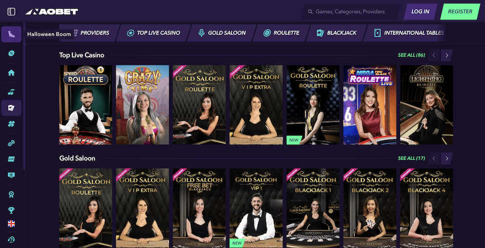 The live casino lobby at Nao Bet Casino, featuring a wide selection of live dealer games including Speed Roulette, Crazy Time, and various Gold Saloon Blackjack and Roulette tables.
