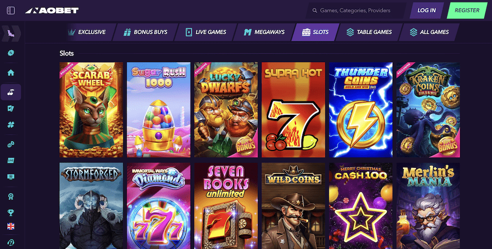 The diverse online slots lobby at Nao Bet Casino, displaying a variety of popular and exclusive titles like "Scarab Wheel," "Sugar Rush 1000," and "Kraken Coins."
