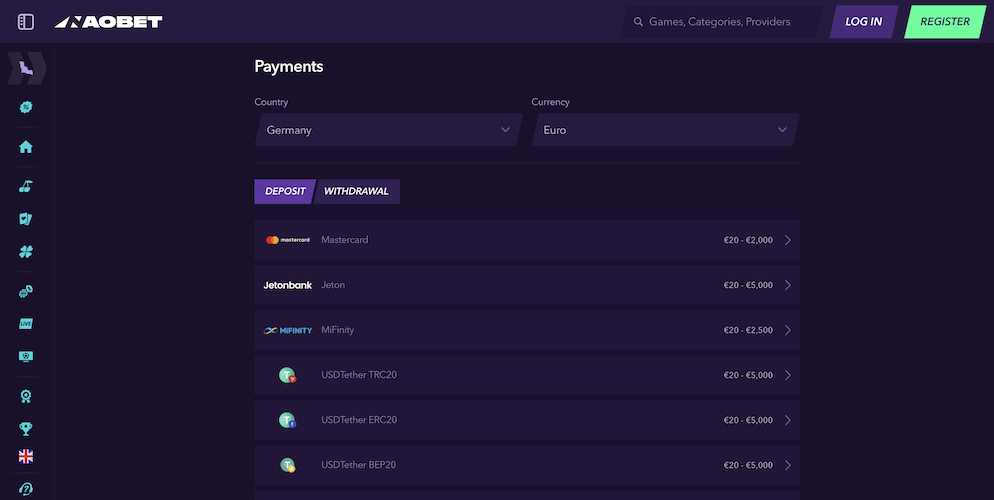 The payments section of Nao Bet Casino, listing secure deposit options for Germany, including Mastercard, Jeton, MiFinity, and various Tether cryptocurrencies.
