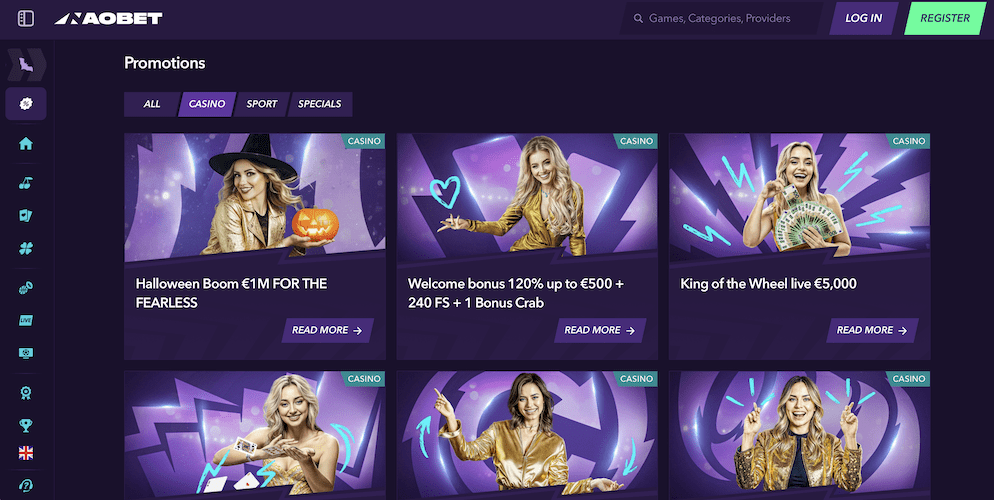 The promotions page at Nao Bet Casino, showcasing a variety of offers for players, including a Halloween event, the welcome bonus, and the "King of the Wheel" promotion.