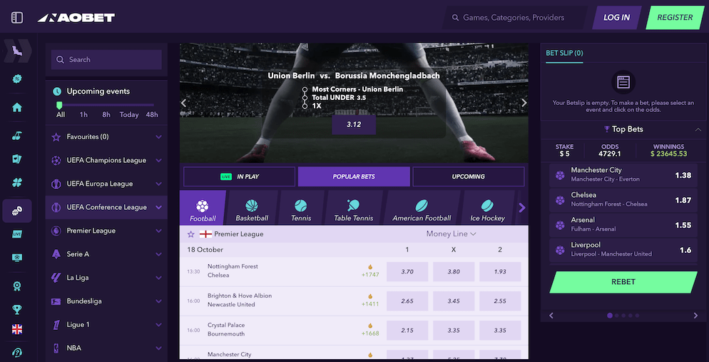 A screenshot of the Nao Bet Casino sportsbook, displaying live and upcoming football matches from leagues like the Premier League and UEFA, highlighting its sports betting features.