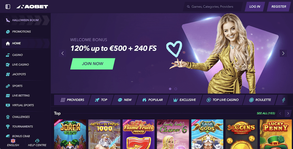 The homepage of Nao Bet Casino, featuring its attractive welcome bonus of 120% up to €500 plus 240 Free Spins for new players who join the platform.