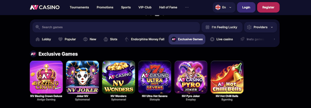 Screenshot of NV Casino's "Exclusive Games" section, featuring unique slot titles like NV Blazing Crown Deluxe and NV Joker.