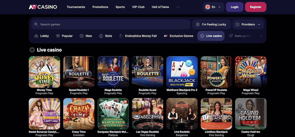 Screenshot of NV Casino's live casino section showcasing various live dealer tables including Roulette, Blackjack, and game shows.
