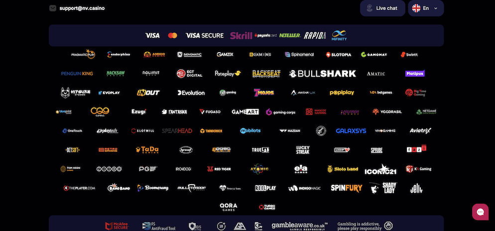 Footer section of NV Casino displaying logos of various payment methods (Visa, Skrill, Bitcoin) and numerous game providers (Pragmatic Play, Novomatic).