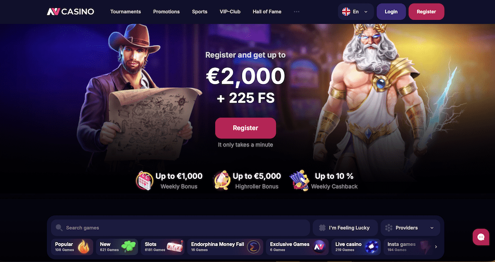 Screenshot of NV Casino's vibrant homepage featuring a welcome bonus of up to €2,000 + 225 Free Spins, showcasing its modern design and key promotions.