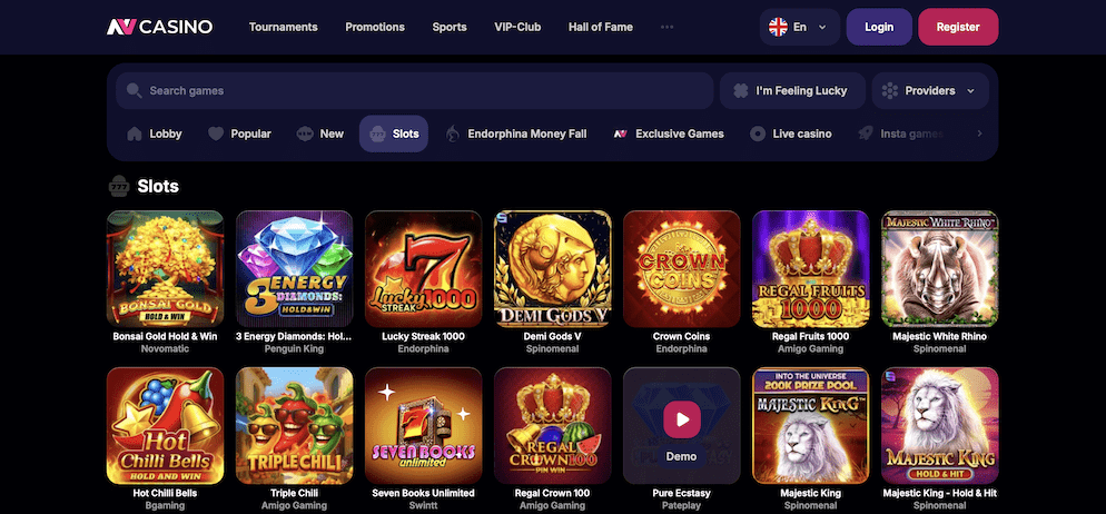 Screenshot of NV Casino's extensive slots section displaying various popular game titles and their providers.