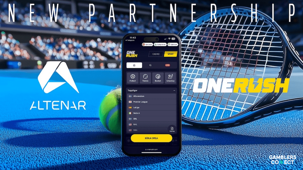 Close-up of the OneRush sports betting mobile application interface, provided by Altenar's fully-managed sportsbook solution, on a tennis court backdrop.