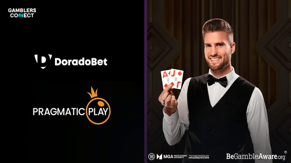 A professional live casino dealer holding an Ace and a Jack, framed by the DoradoBet and Pragmatic Play logos, highlighting the new Smart Studio content.